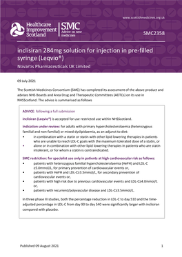 Inclisiran 284Mg Solution for Injection in Pre-Filled Syringe (Leqvio®)