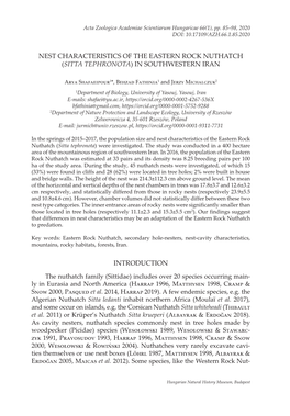 Nest Characteristics of the Eastern Rock Nuthatch (Sitta Tephronota) in Southwestern Iran