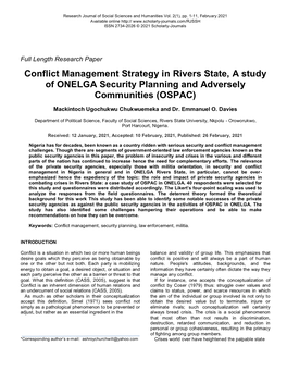 Conflict Management Strategy in Rivers State, a Study of ONELGA Security Planning and Adversely Communities (OSPAC)