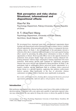 Risk Perception and Risky Choice: Situational, Informational and Dispositional Effects