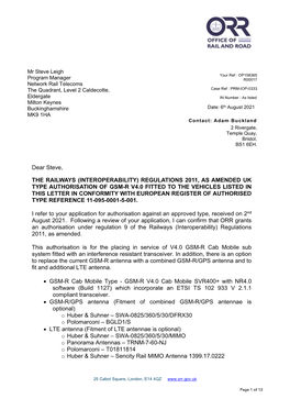 Authorisation Letter for GSM-R V4.0 Type Authorisation R00017