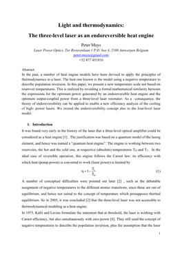 Light and Thermodynamics: the Three-Level Laser As an Endoreversible Heat Engine