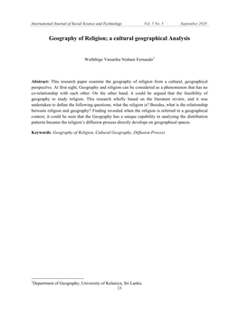 Geography of Religion; a Cultural Geographical Analysis