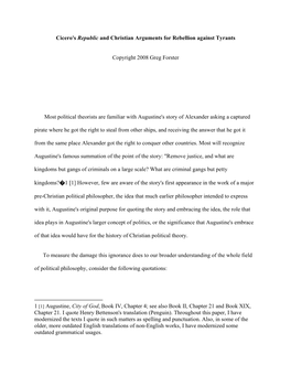 Cicero's Republic and Christian Arguments for Rebellion Against Tyrants