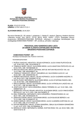 Zbirnu Listu Pravovaljanih Kandidacijskih Lista Za Izbor Članova Županijske Skupštine Brodsko-Posavske Županije