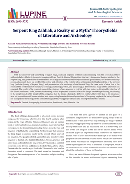 Serpent King Zahhak, a Reality Or a Myth? Theorysfields of Literature and Archeology