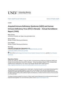 AIDS) and Human Immuno-Deficiency Virus (HIV) in Nevada – Annual Surveillance Report (1999