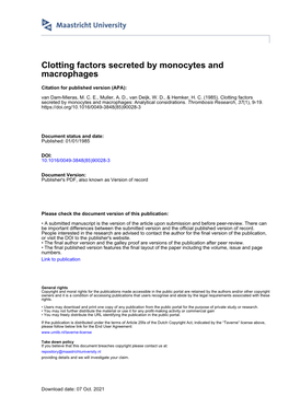 Clotting Factors Secreted by Monocytes and Macrophages