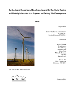 Synthesis and Comparison of Baseline Avian and Bat Use, Raptor Nesting and Mortality Information from Proposed and Existing Wind Developments