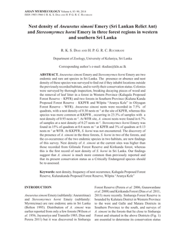 Nest Density of Aneuretus Simoni Emery (Sri Lankan Relict Ant) and Stereomyrmex Horni Emery in Three Forest Regions in Western and Southern Sri Lanka