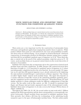 Mock Modular Forms and Geometric Theta Functions for Indefinite Quadratic Forms