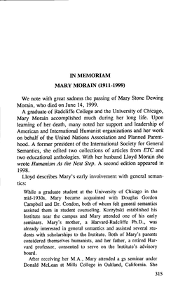 In Memoriam Mary Morain (1911-1999)