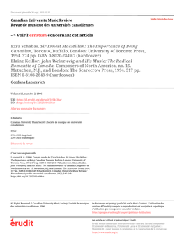 Ezra Schabas. Sir Ernest Macmillan: the Importance of Being Canadian, Toronto, Buffalo, London: University of Toronto Press, 1994