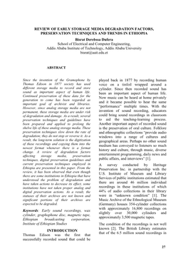 REVIEW of EARLY STORAGE MEDIA DEGRADATION FACTORS, PRESERVATION TECHNIQUES and TRENDS in ETHIOPIA Bisrat Derebssa Dufera School