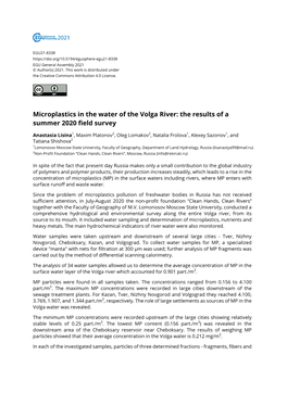 Microplastics in the Water of the Volga River: the Results of a Summer 2020 Field Survey