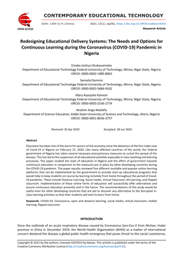 Redesigning Educational Delivery Systems: the Needs and Options for Continuous Learning During the Coronavirus (COVID-19) Pandemic in Nigeria