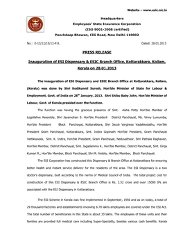PRESS RELEASE Inauguration of ESI Dispensary & ESIC Branch Office