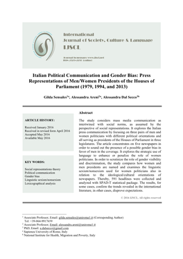 Italian Political Communication and Gender Bias: Press Representations of Men/Women Presidents of the Houses of Parliament (1979, 1994, and 2013)