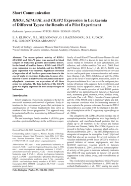 Short Communication RHOA, SEMA3B, and CKAP2 Expression in Leukaemia of Different Types: the Results of a Pilot Experiment