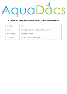 A Check List of Opisthobranch Snails of the Karachi Coast