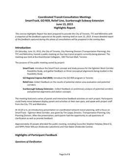 Coordinated Transit Consultation Meetings Smarttrack, GO RER, Relief Line, Scarborough Subway Extension June 13, 2015 Highlights Report