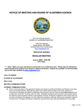 Notice of Meeting and Board of Aldermen Agenda