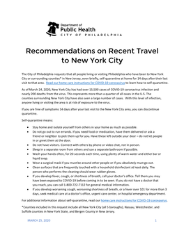 Recommendations on Recent Travel to New York City