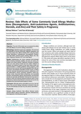 Side Effects of Some Commonly Used Allergy Medications (Decongestants, Anti-Leukotriene Agents, Antihistamines, Steroids, and Zinc) and Their Safety in Pregnancy