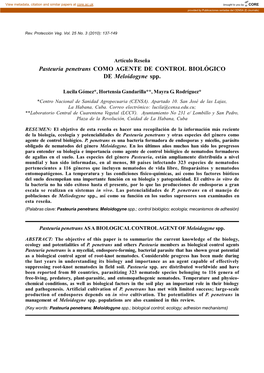 Pasteuria Penetrans COMO AGENTE DE CONTROL BIOLÓGICO DE Meloidogyne Spp