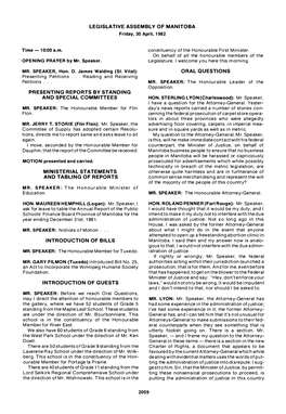 LEGISLATIVE ASSEMBLY of MANITOBA Friday, 30 April, 1 982 Time