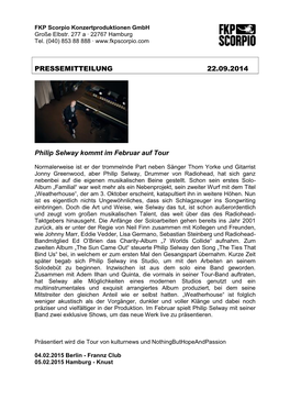 PRESSEMITTEILUNG 22.09.2014 Philip Selway Kommt Im Februar Auf