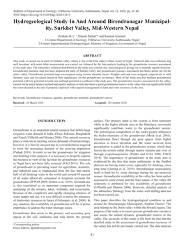 Hydrogeological Study in and Around Birendranagar Municipal- Ity, Surkhet Valley, Mid-Western Nepal