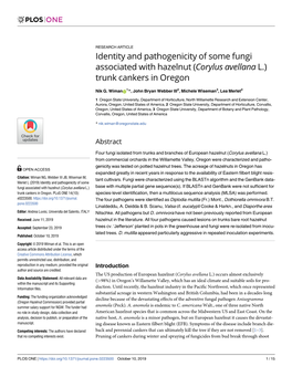 Identity and Pathogenicity of Some Fungi Associated with Hazelnut (Corylus Avellana L.) Trunk Cankers in Oregon