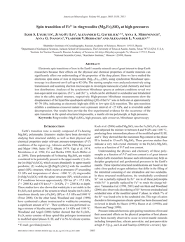 Spin Transition of Fe2+ in Ringwoodite (Mg,Fe)2Sio4 at High Pressures