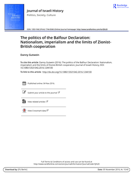 The Politics of the Balfour Declaration: Nationalism, Imperialism and the Limits of Zionist- British Cooperation