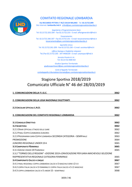 Comunicato Ufficiale N° 46 Del 28/03/2019