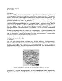 Module-4 Unit-5 NSNT Quantum Dots Introduction a Quantum Dot (QD) Is an Extremely Small Particle Whose Properties Can Be Drasti