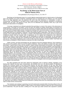 Psychology As the Behaviorist Views It John B. Watson (1913) First Published in Psychological Review, 20, 158-177