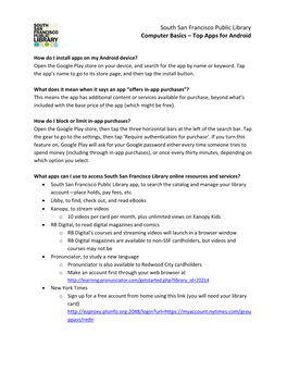South San Francisco Public Library Computer Basics – Top Apps for Android