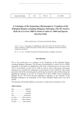 A Catalogue of the Eumeninae (Hymenoptera: Vespidae) of the Ethiopian Region Excluding Malagasy Subregion