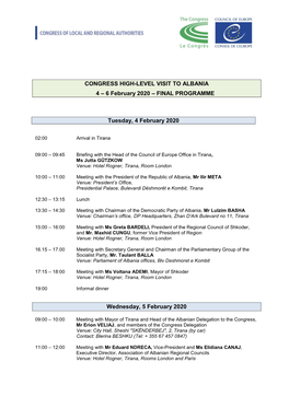 CONGRESS HIGH-LEVEL VISIT to ALBANIA 4 – 6 February 2020 – FINAL PROGRAMME