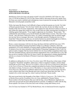 Press Release: Media Release for Ruth Rosen JEWS for JESUS to SPEAK