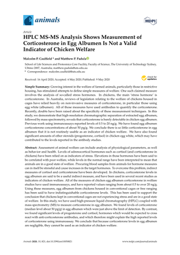 HPLC MS-MS Analysis Shows Measurement of Corticosterone in Egg Albumen Is Not a Valid Indicator of Chicken Welfare