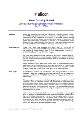Alicon Castalloy Limited Q1 FY21 Earnings Conference Call Transcript July 31, 2020