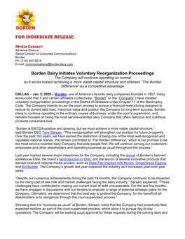 FOR IMMEDIATE RELEASE Borden Dairy Initiates Voluntary