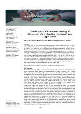 Certain Aspects of Reproductive Biology of Glossogobius Giuris