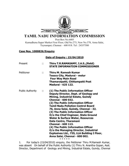 TAMIL NADU INFORMATION COMMISSION Post Box No.6405 Kamadhenu Super Market First Floor, Old No.273, New No.378, Anna Salai, Teynampet, Chennai – 600 018