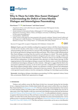 Why Is There So Little Shia–Sunni Dialogue? Understanding the Deﬁcit of Intra-Muslim Dialogue and Interreligious Peacemaking