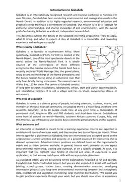 Introduction to Gobabeb Gobabeb Is an Internationally Recognised Research and Training Institution in Namibia