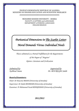 Puritanical Dimensions in the Scarlet Letter: Moral Demands Versus